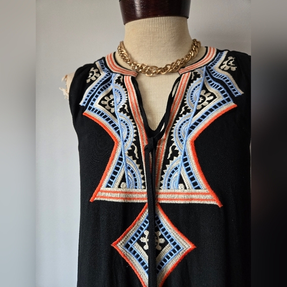 THML Bohemian Black Sleeveless Dress with Embroidered V Neck. Size Small - Picture 3 of 9